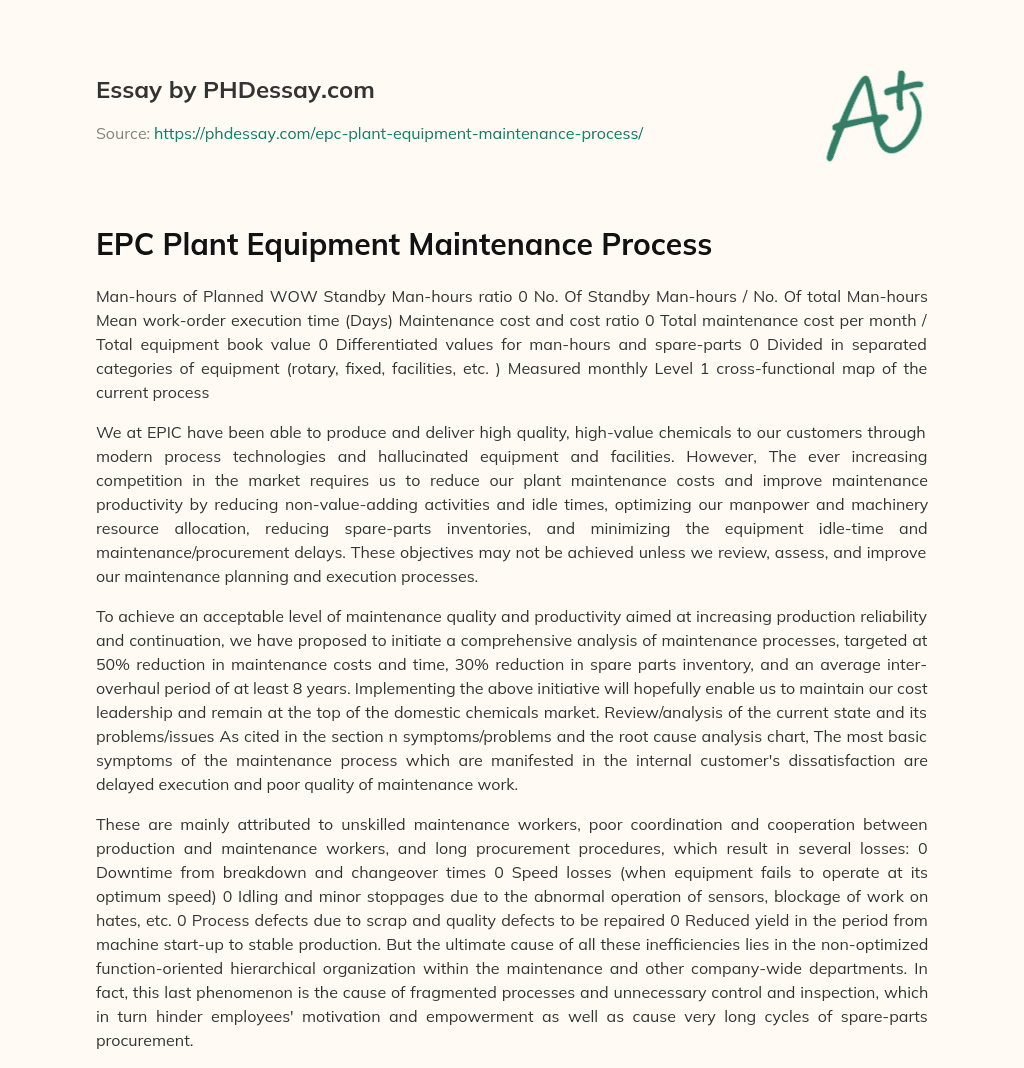 Epc Plant Equipment Maintenance Process 400 Words Phdessay Com Epc Plant Equipment Maintenance Process 400 Words Phdessay Com