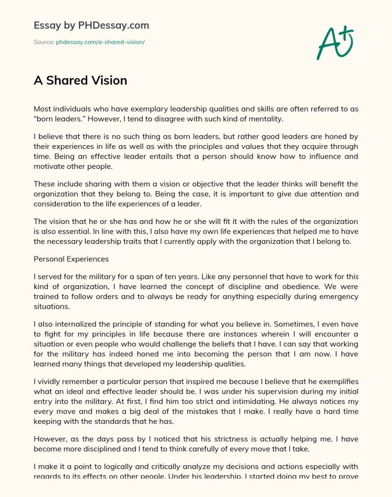 A Shared Vision Essay Example 600 Words Phdessay Com - Best City Arts in High Resolution
