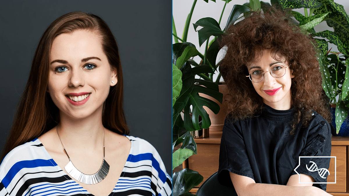 A split screen image of Kira Dineen, a young white woman with straight brown hair and a statement necklace, and Demetra Georgiou, a young white woman with curly brown hair and round wire frame glasses. Overlaid in the bottom right corner is the PhenoTips Speaker Series logo in white, which is a speech bubble with a DNA helix inside.