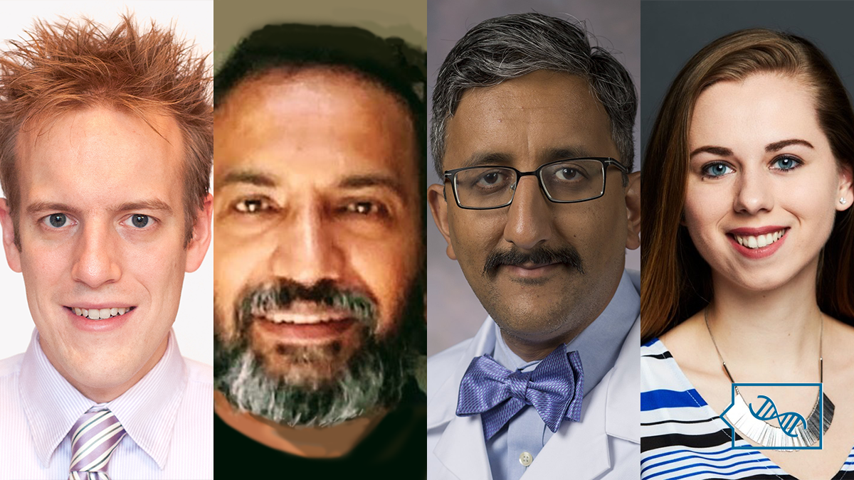 A split screen image featuring the professional headshots of Dr. Ian Campbell, a white adult man with spiky red hair, Dr. Ajith Kumar, an adult brown man with a salt-and-pepper beard and black hair, Dr. Bimal Chaudhari, an adult brown man with salt-and-pepper hair, a mustache, and square glasses, and Kira Dineen, a young white woman with straight brown hair and a statement necklace. Overlaid in the bottom right corner is the PhenoTips Speaker Series logo in blue, which is a speech bubble with a DNA helix inside.