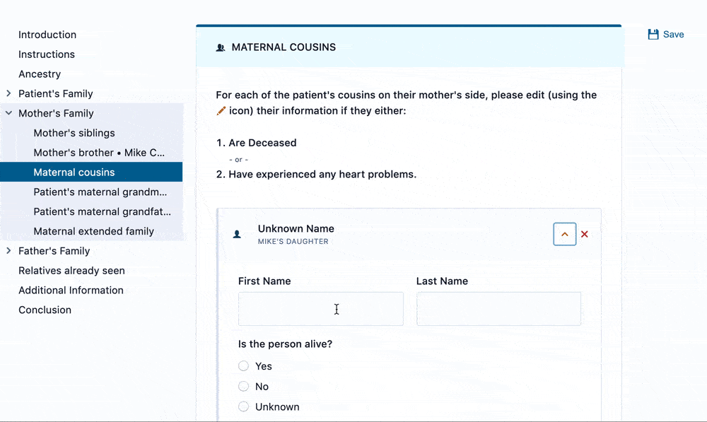 A sequence of screenshots from a digital health questionnaire platform, showing a user entering family medical history, confirming data, and preparing to submit the form. The interface includes fields for names, health conditions, and status of relatives.