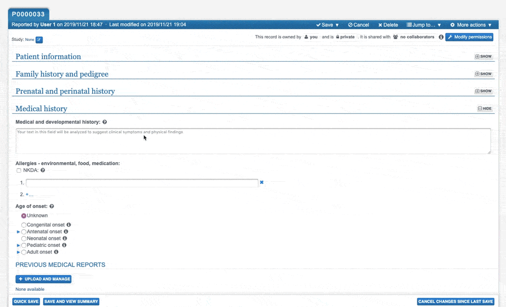 A GIF shows a PhenoTips user entering free text clinic notes in one section of the software, and then scrolling down to select the HPO terms pulled from the free text that apply to their patient.