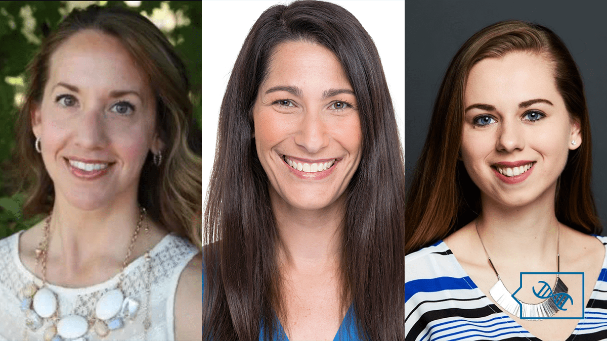 A 3 way split screen image of Amy Sturm, an adult white woman with wavy light brown hair, Erynn Gordon, an adult white woman with dark brown straight hair, and Kira Dineen, a young white woman with straight brown hair and a statement necklace. Overlaid in the bottom right corner is the PhenoTips Speaker Series logo in blue, which is a speech bubble with a DNA helix inside.