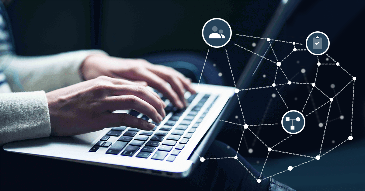 A close-up image of someone using a laptop. Around the dark screen of the laptop is a network of connected white dots, some of which are icons showing a pedigree, a gene panel, and a family.