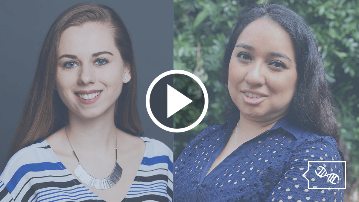 An image overlaid with a play button. The image is a horizontal grid of the professional headshots of Dr. Claudia Gonzaga-Jauregui and Kira Dineen. Overlaid in the bottom right corner is the PhenoTips Speaker Series logo in white, which is a speech bubble with a DNA helix inside.