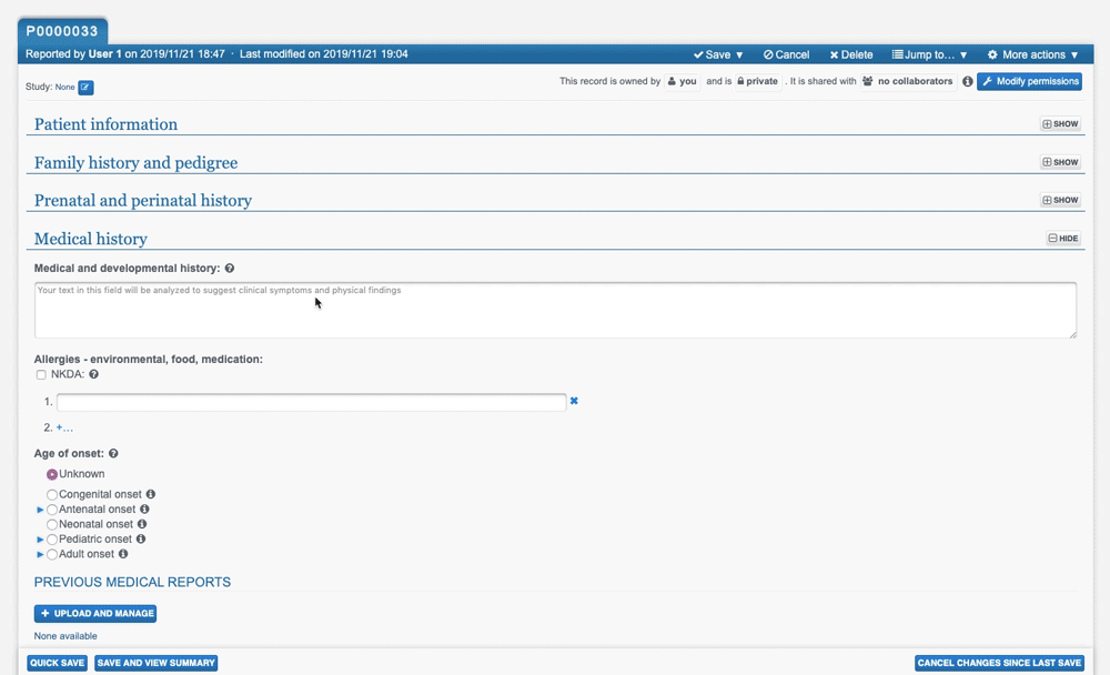 A user enters the free text clinical symptoms and PhenoTips' uses natural language processing to identify Human Phenotype Ontology terms to approve or reject by the user.