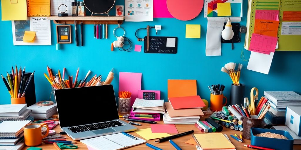 Colourful workspace with tools and creative materials.