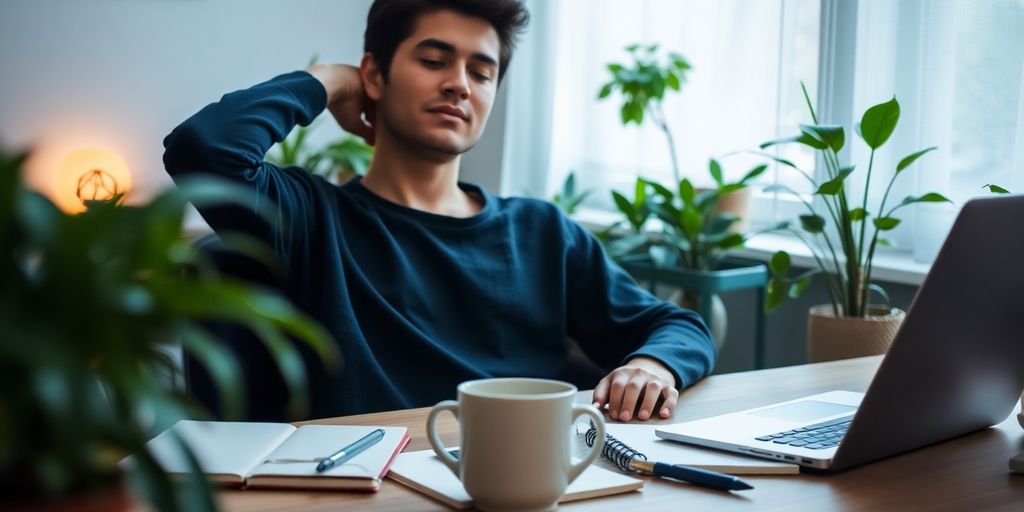 Person relaxing in a bright, peaceful workspace.