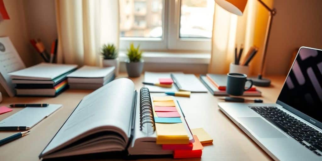 Neat desk with planner, sticky notes, and laptop.