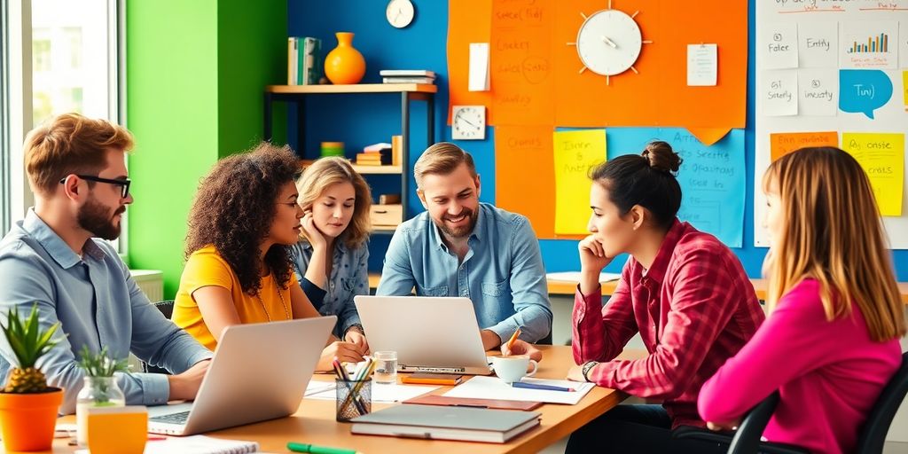 Diverse team collaborating in a vibrant business environment.