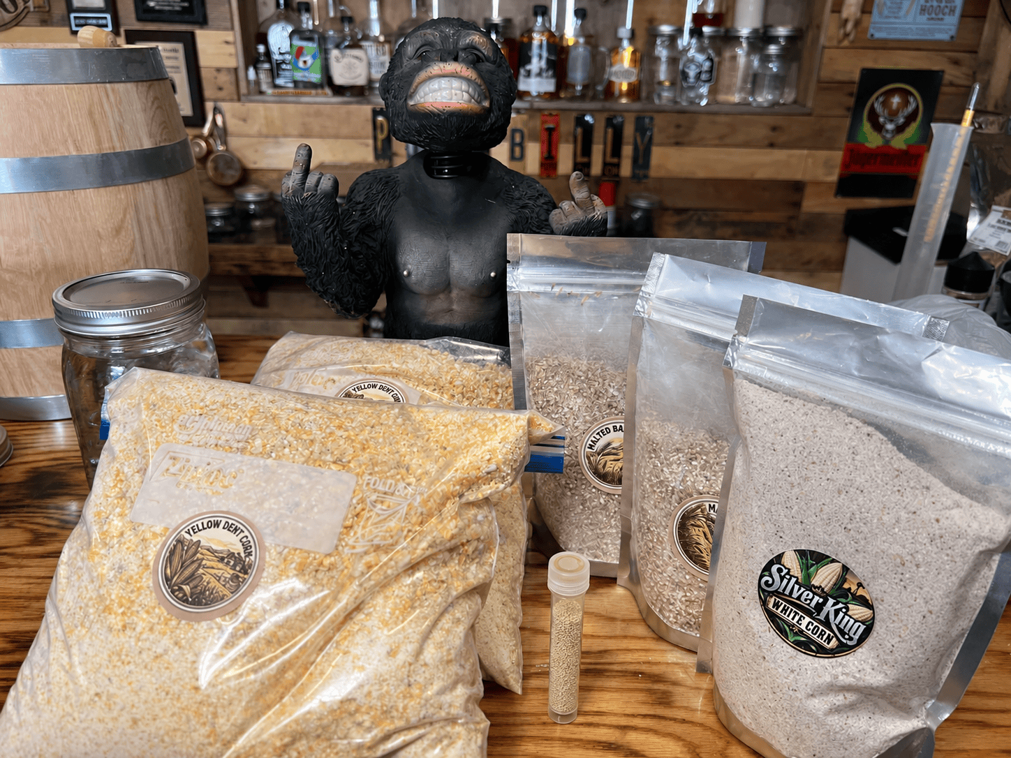 PhilBilly’s Beginner Simple Sour Mash Grain Kit with Yellow Dent Corn, Silver King White Corn, malted barley and distiller’s yeast.