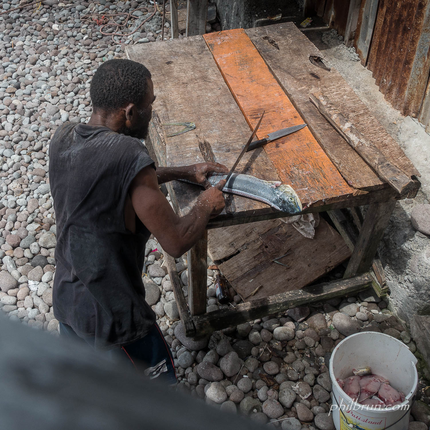 Un pêcheur prépare une dorade coryphène