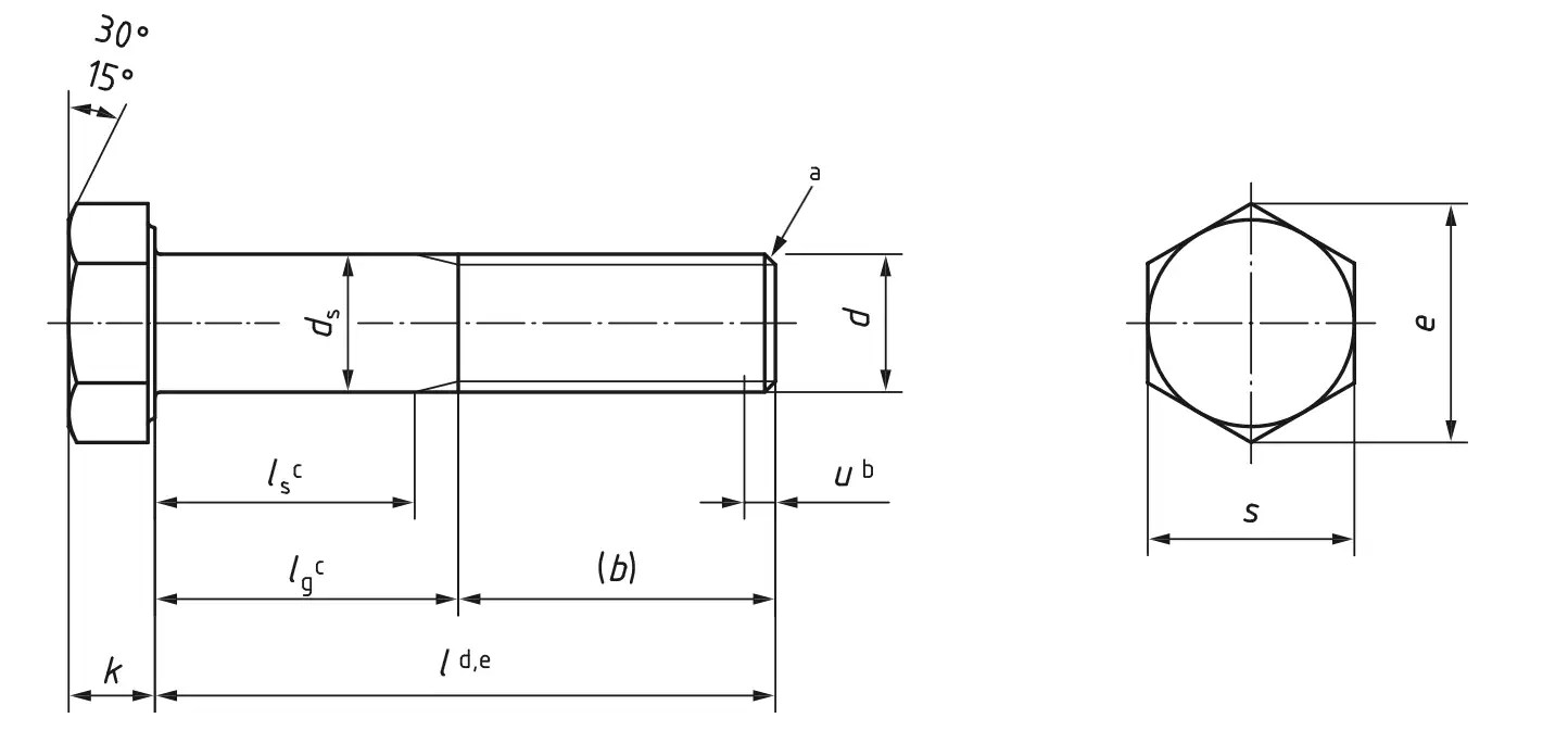 Figure 1 from ISO 4014:2022 - Hexagonal head bolt (Same image will be in DIN 931).