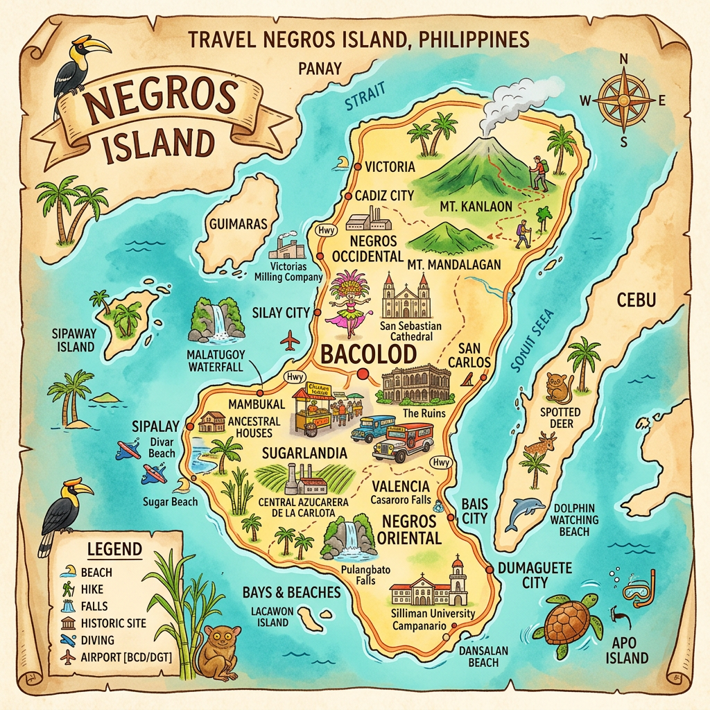 Illustrated Negros Island Travel Guide Map