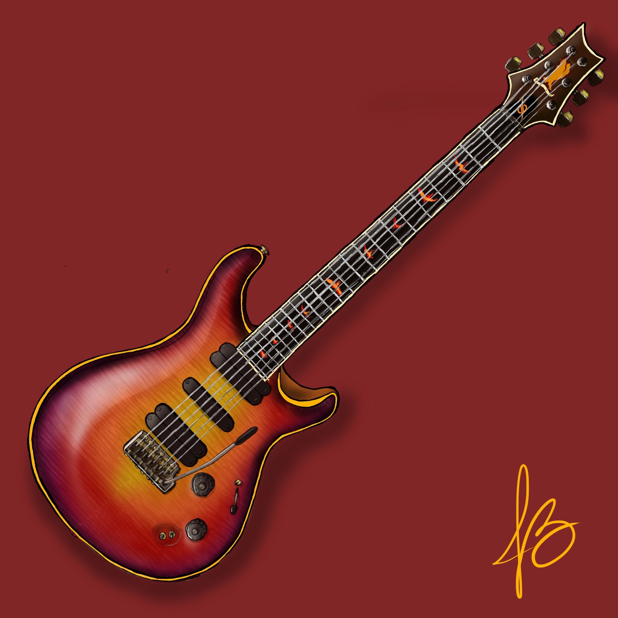 Hand-drawn mockup of the PRS 509 with 24 frets, orange burst and orange birds