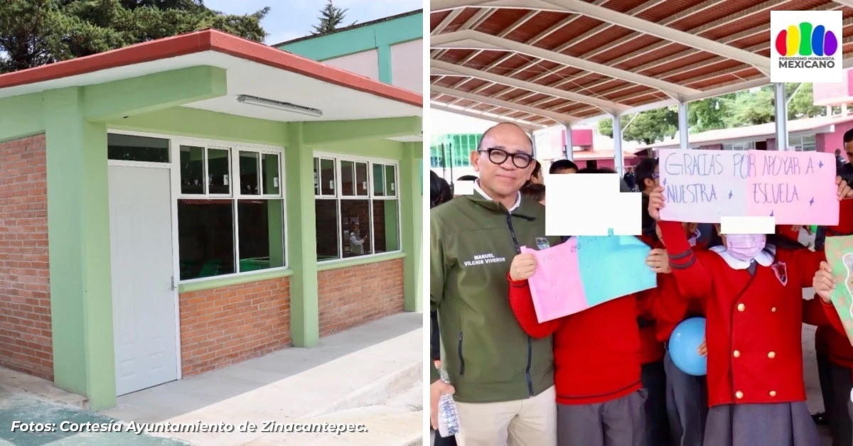 Aula nueva y comunidad escolar durante la entrega de obras educativas en Zinacantepec