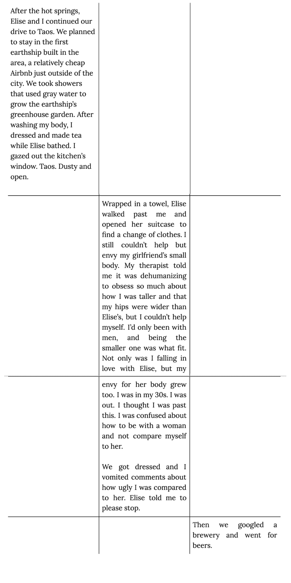 After the hot springs, Elise and I continued our drive to Taos. We planned to stay in the first earthship built in the area, a relatively cheap Airbnb just outside of the city. We took showers that used gray water to grow the earthship’s greenhouse garden. After washing my body, I dressed and made tea while Elise bathed. I gazed out the kitchen’s window. Taos. Dusty and open. Wrapped in a towel, Elise walked past me and opened her suitcase to find a change of clothes. I still couldn’t help but envy my girlfriend’s small body. My therapist told me it was dehumanizing to obsess so much about how I was taller and that my hips were wider than Elise’s, but I couldn’t help myself. I’d only been with men, and being the smaller one was what fit. Not only was I falling in love with Elise, but my envy for her body grew too. I was in my 30s. I was out. I thought I was past this. I was confused about how to be with a woman and not compare myself to her. We got dressed and I vomited comments about how ugly I was compared to her. Elise told me to please stop. Then we googled a brewery and went for beers.