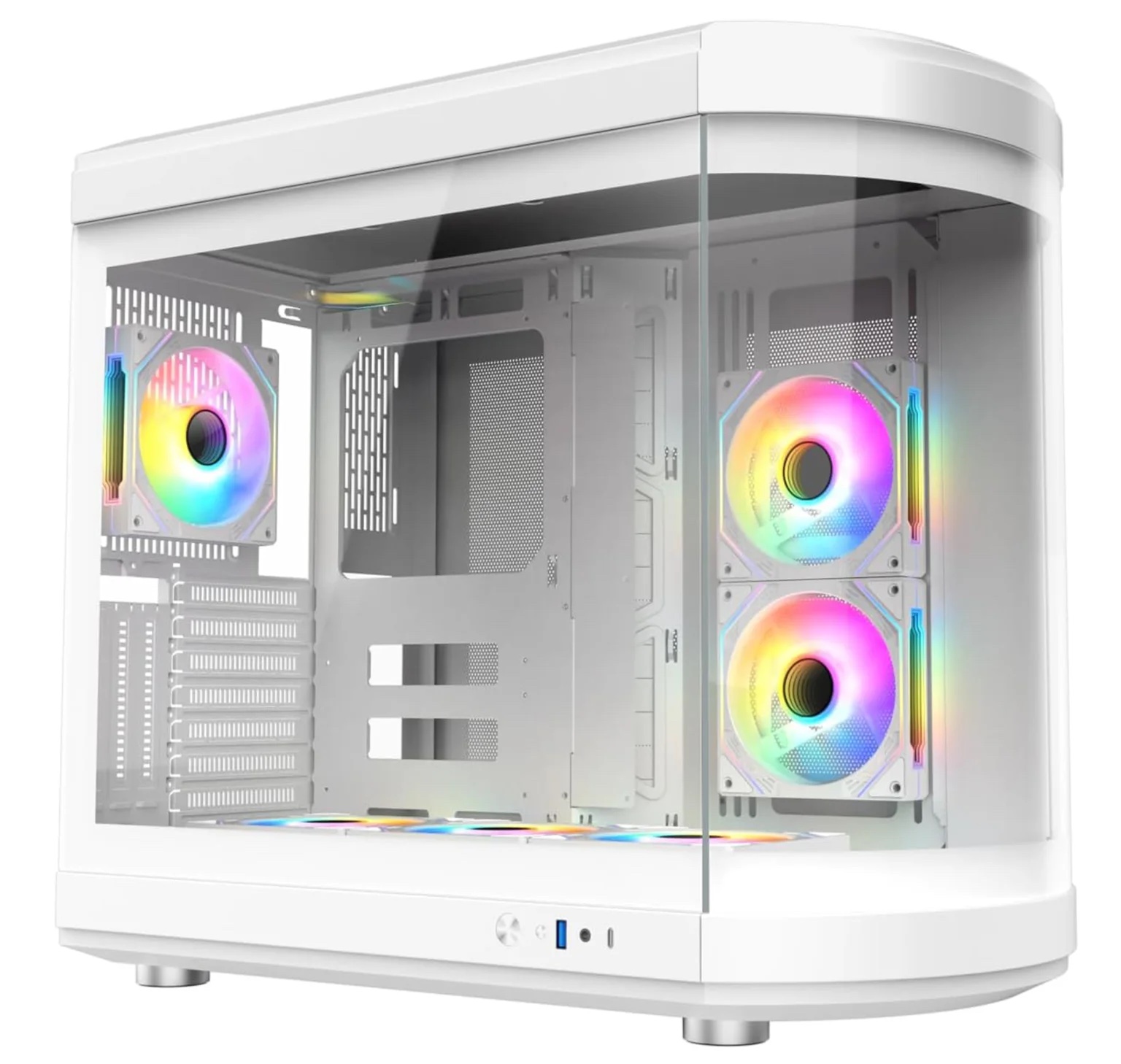 Full ATX PC Gaming Case with Panoramic Tempered Glass Dual Chamber, Front I/O USB Type-C | White No Fans