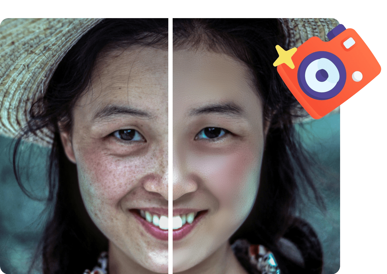 Side-by-side comparison of a woman's face before and after photo retouching, showing skin imperfections on the left and smooth, enhanced skin on the right.