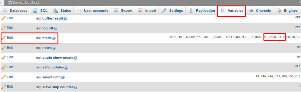 SQL Mode in PHPMyAdmin