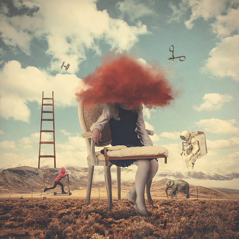 Outdoor surreal pop surreal lowbrow red field Sunny family girl mother