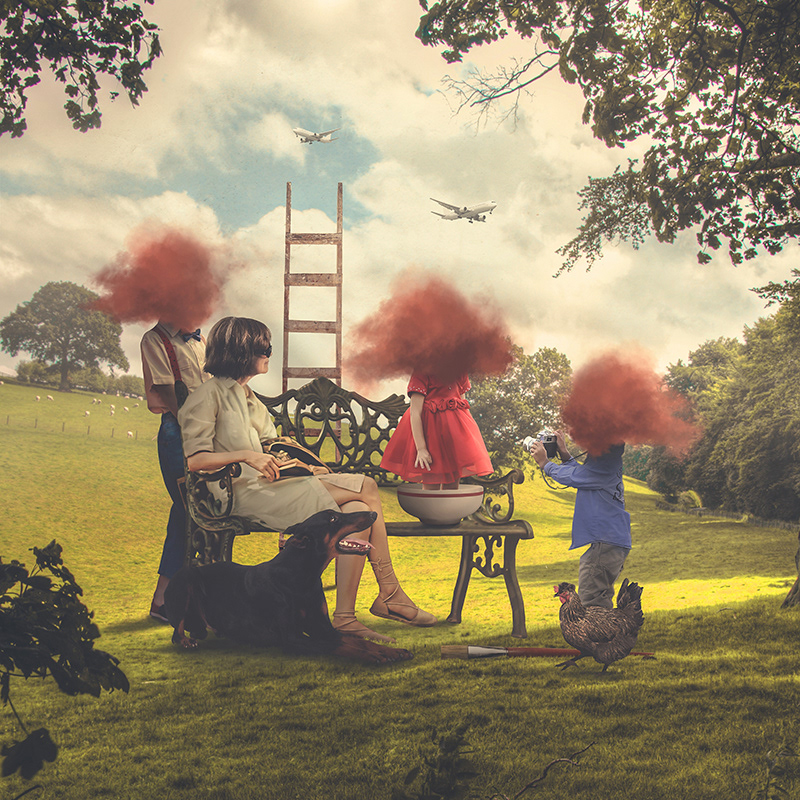 Outdoor surreal pop surreal lowbrow red field Sunny family girl mother