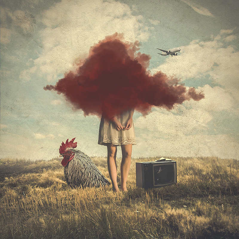 Outdoor surreal pop surreal lowbrow red field Sunny family girl mother