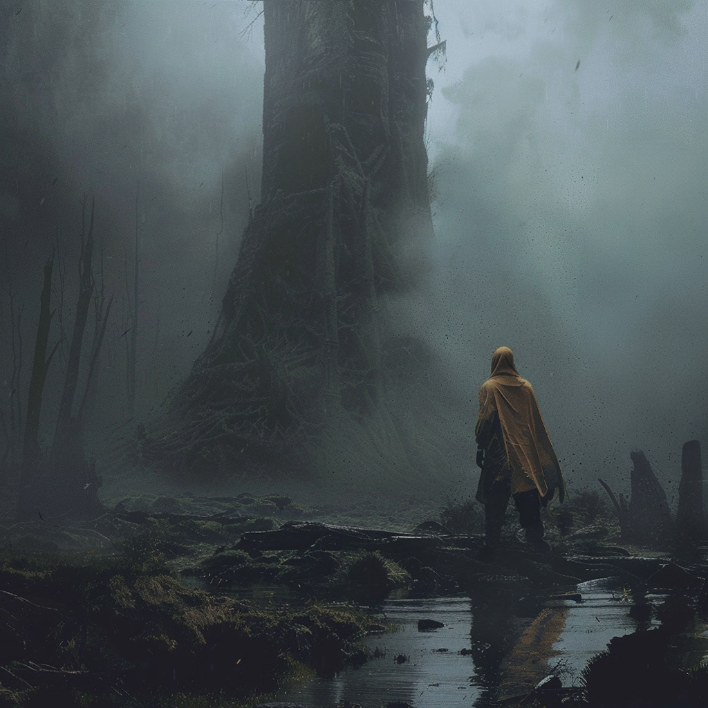 Sword fantasy warrior knight Character design  concept art raining swamp