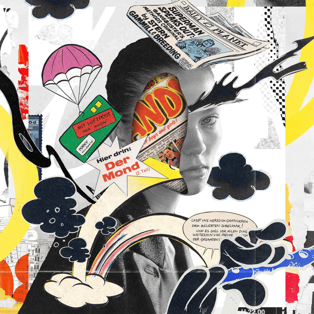 Collage que presenta una figura central con una mezcla de elementos gráficos, incluidos recortes de periódicos, viñetas de cómic y formas abstractas en colores vivos.