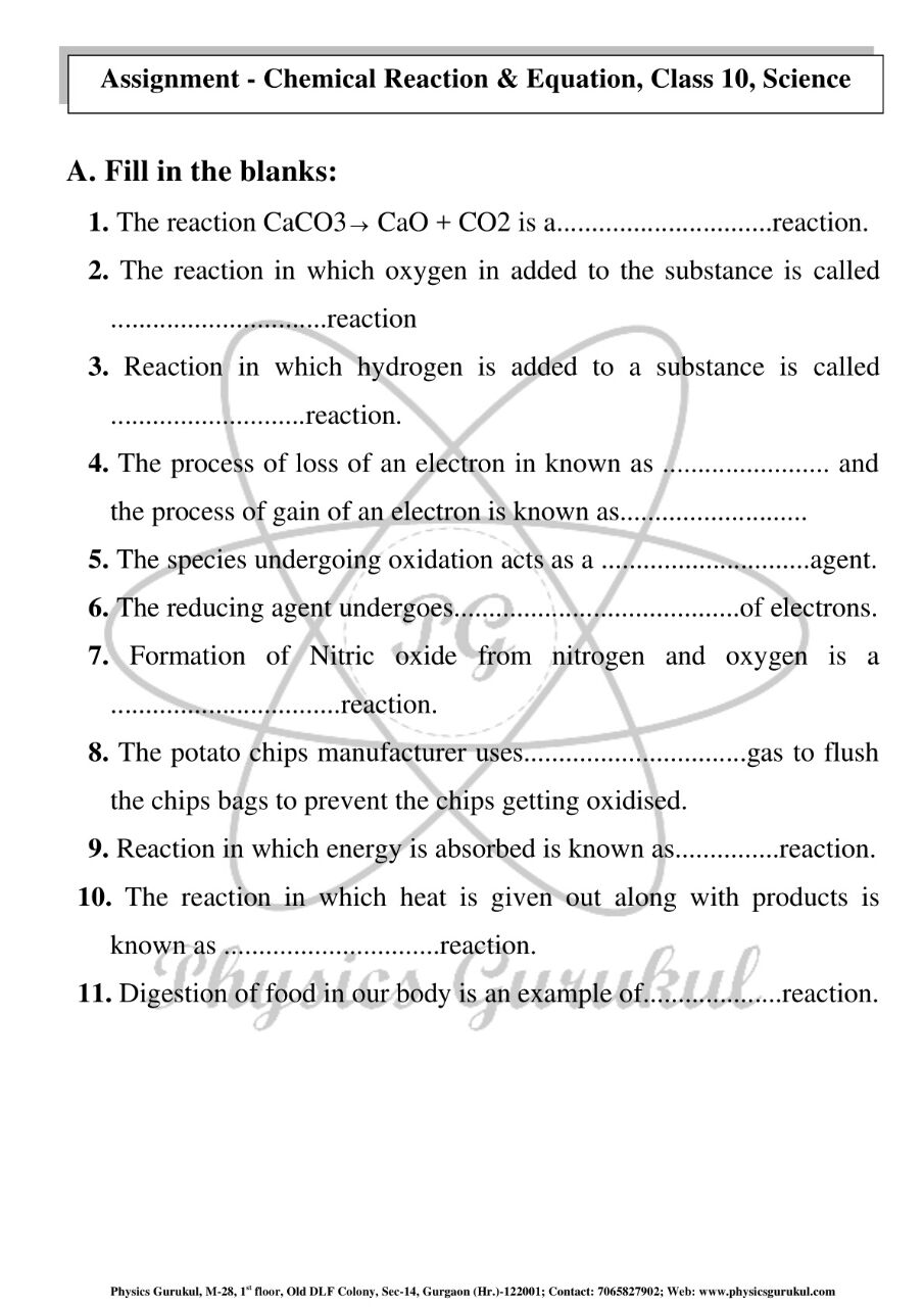 Grade 10 Chemistry Chemical Reactions And Equations Worksheet