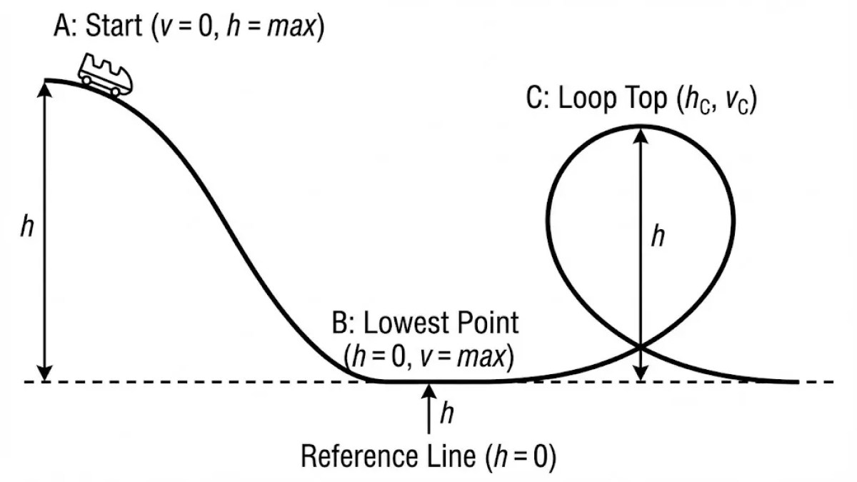 Roller coaster diagram with Point A, B, and C labels.