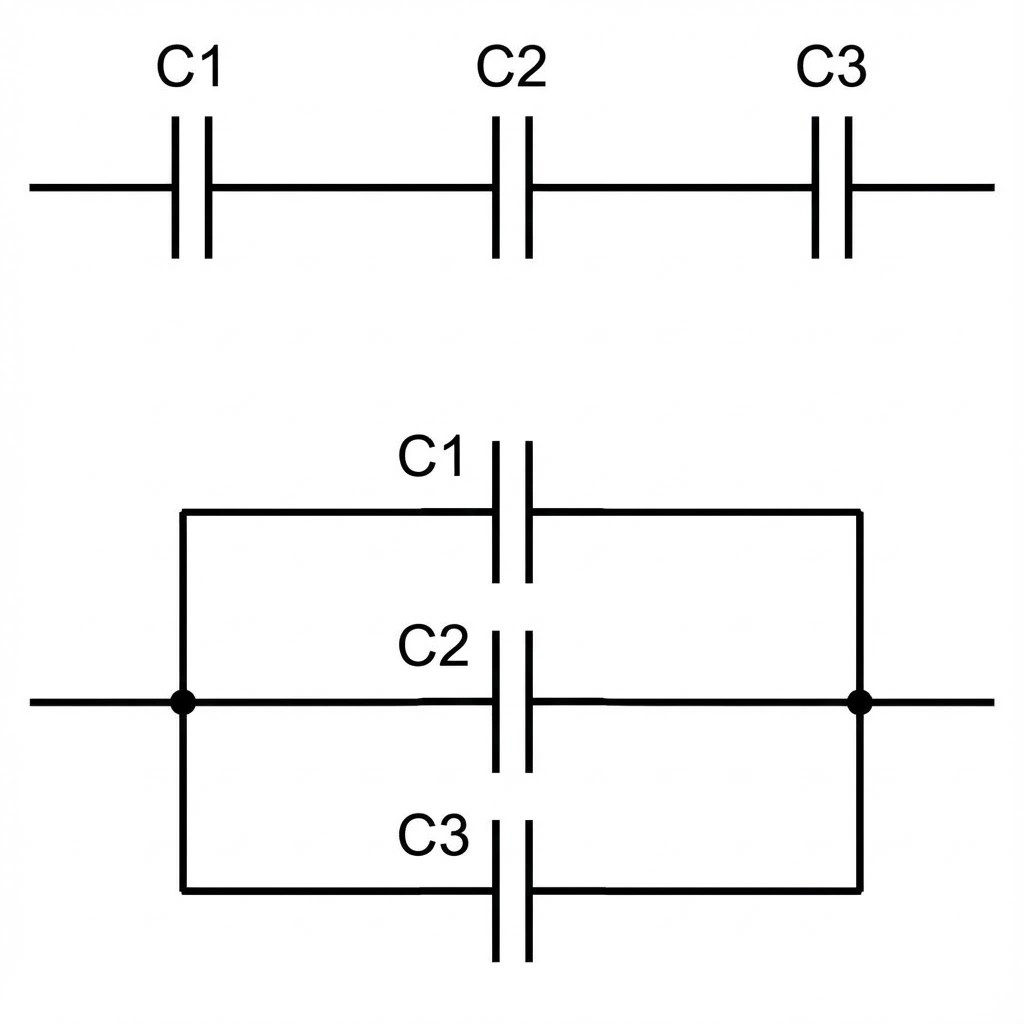 Circuit diagrams showing capacitors connected in series and in parallel.
