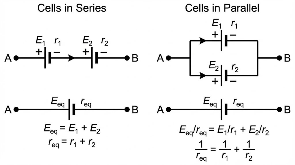 Diagram of cells connected in series showing potentials at points A, B, and C.