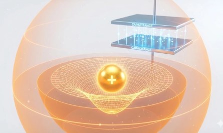 3D scientific visualization showing electric potential surfaces around a charge and a parallel plate capacitor glowing with stored energy.