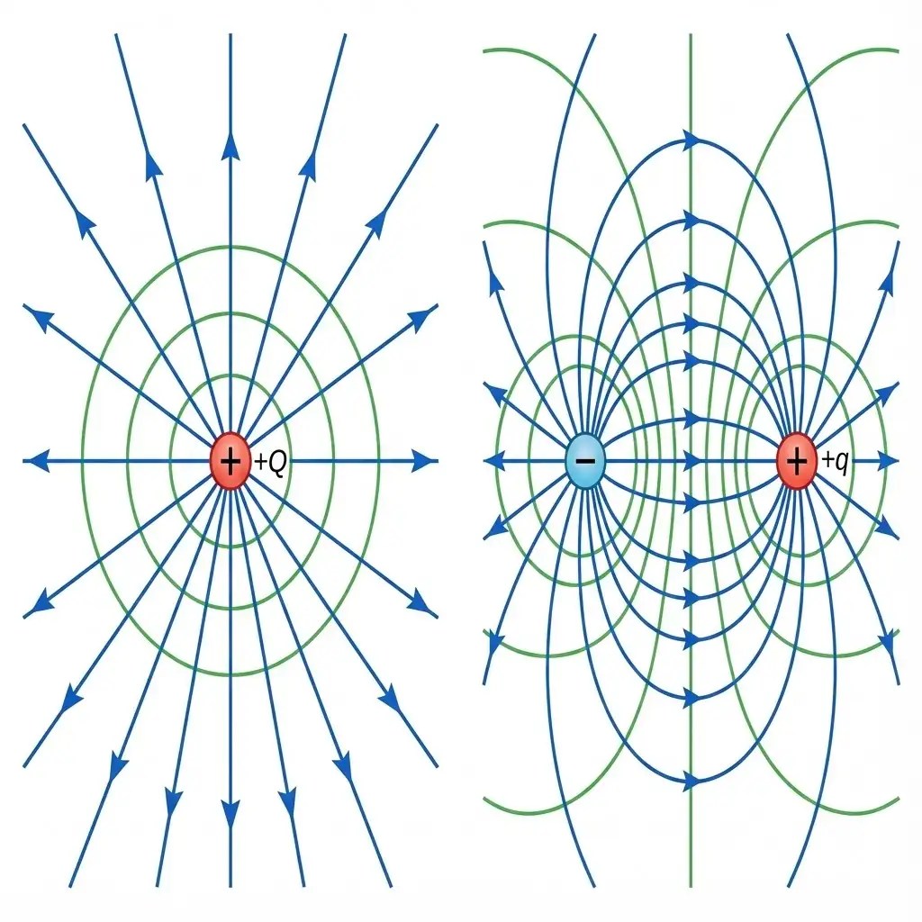 Equipotential surfaces for a single point charge (concentric spheres) and an electric dipole.