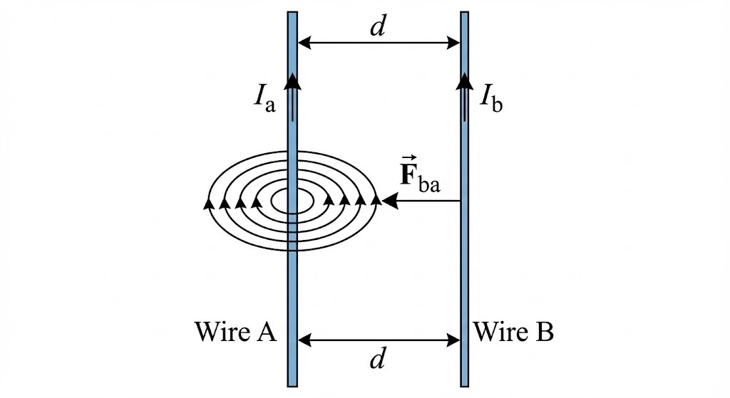 Diagram illustrating magnetic force between two parallel current-carrying conductors.