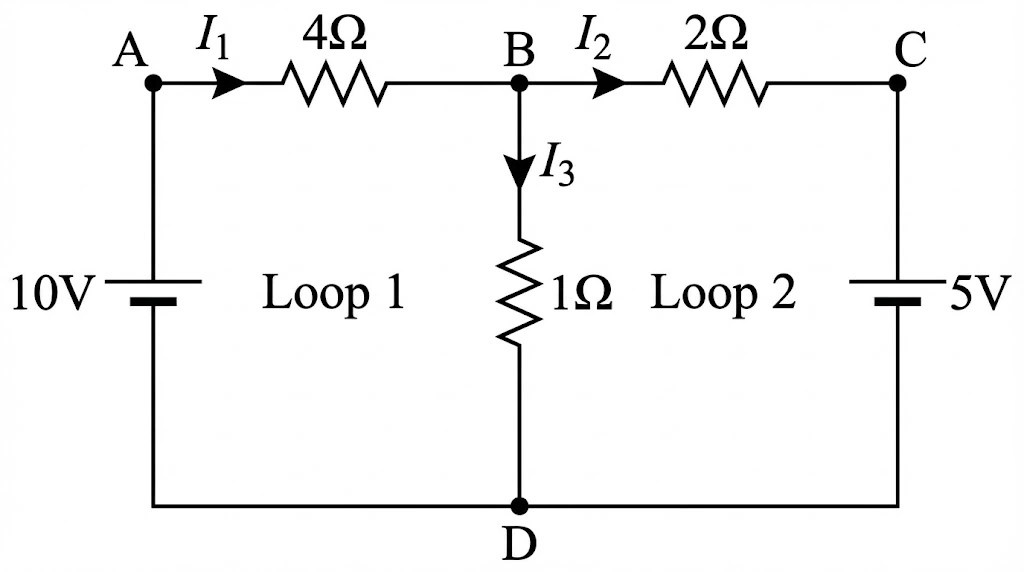 Circuit diagram showing a multi-loop network with 10V and 5V batteries and resistors.