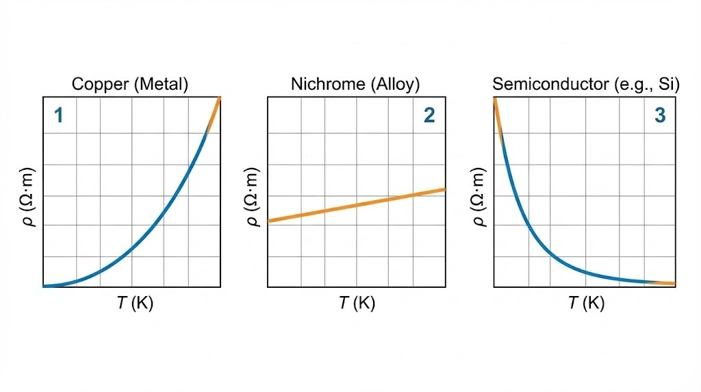 Graphs of resistivity vs temperature for Copper, Nichrome, and Semiconductor.