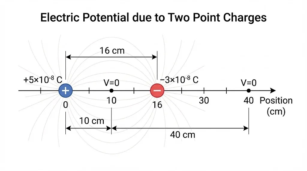 Two charges with zero potential points marked on the line joining them