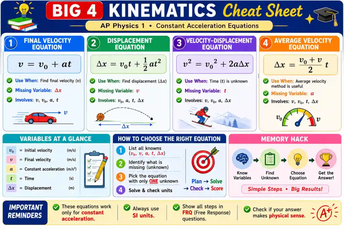AP Physics Big 4 kinematics equations cheat sheet