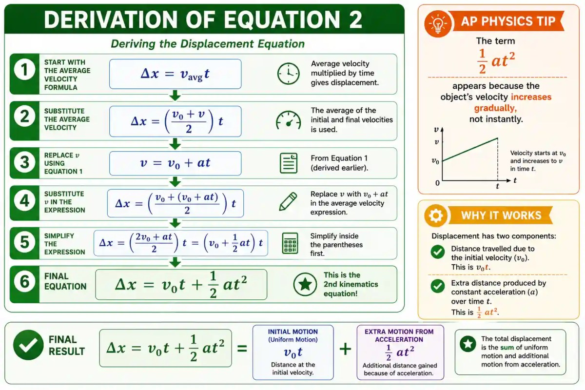 Step-by-step derivation of the second kinematics equation from average velocity and constant acceleration
