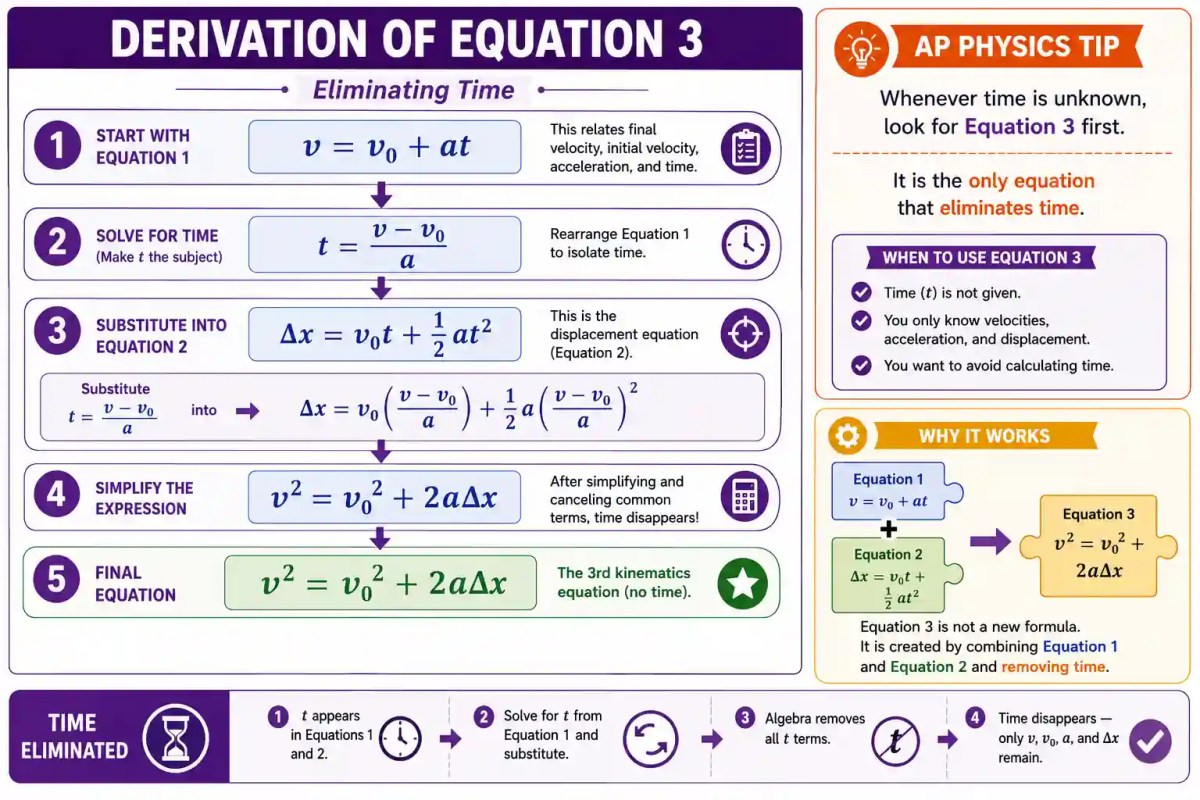 Step-by-step derivation of the third kinematics equation by eliminating time