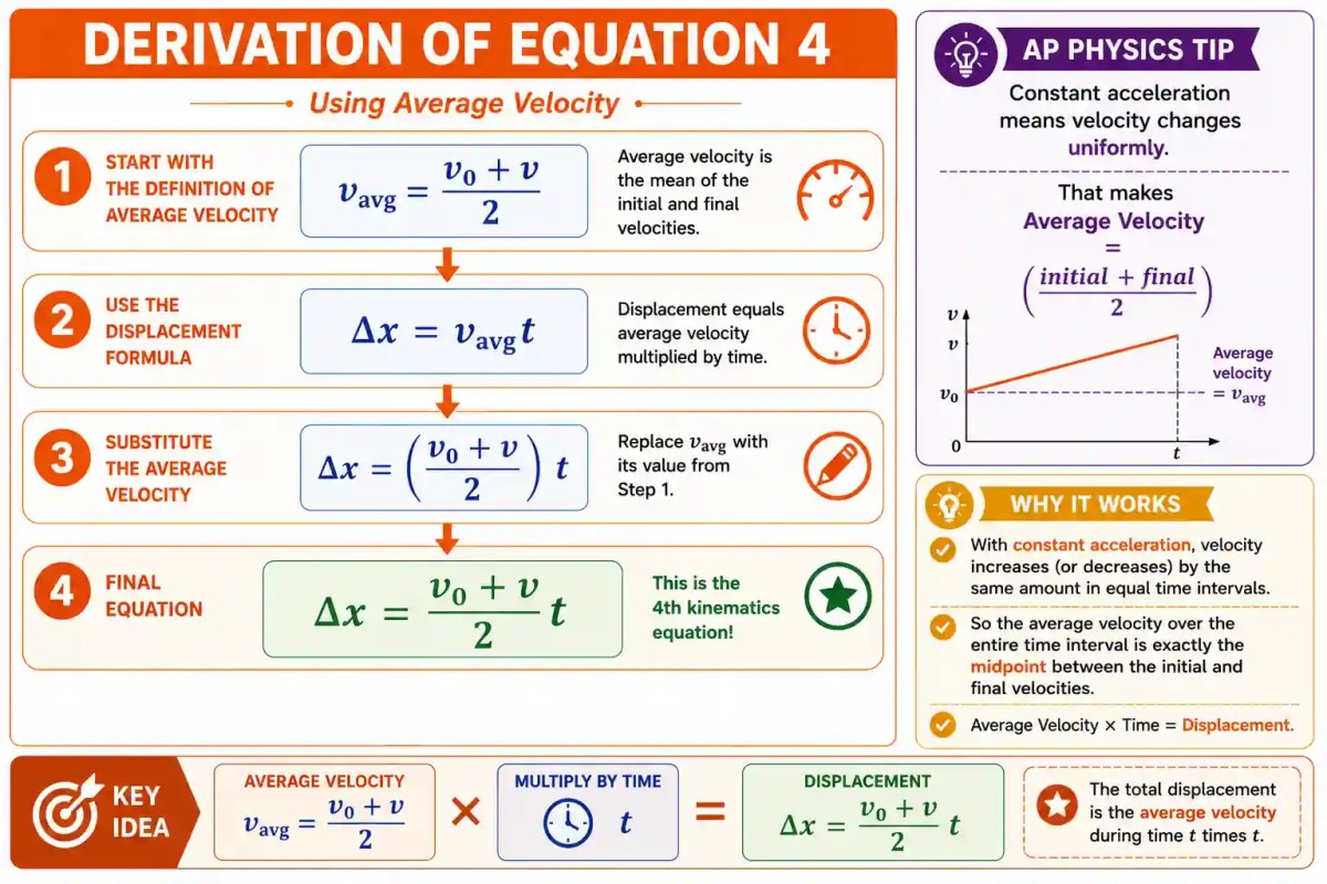 Step-by-step derivation of the fourth kinematics equation using average velocity