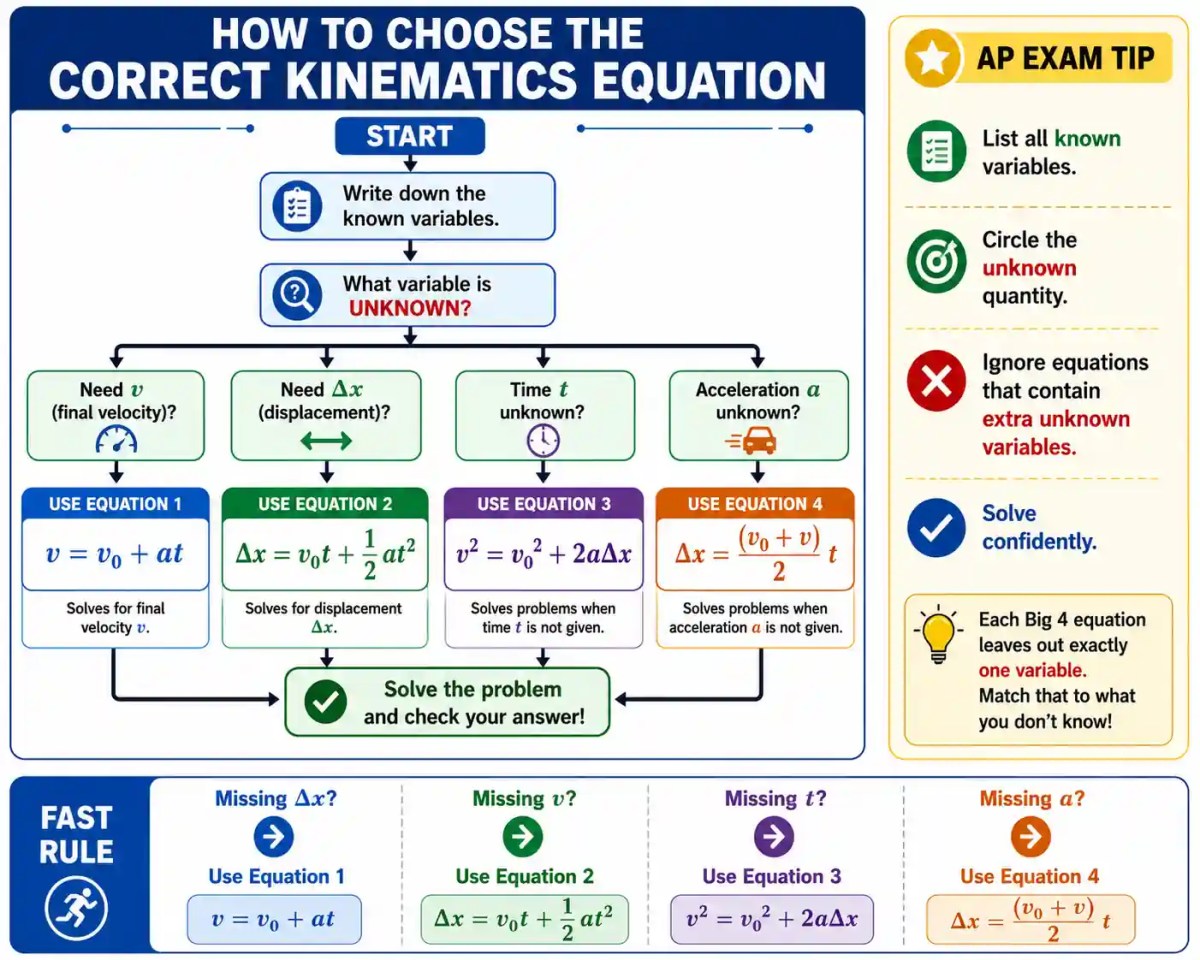 Flowchart showing how to choose the correct kinematics equation