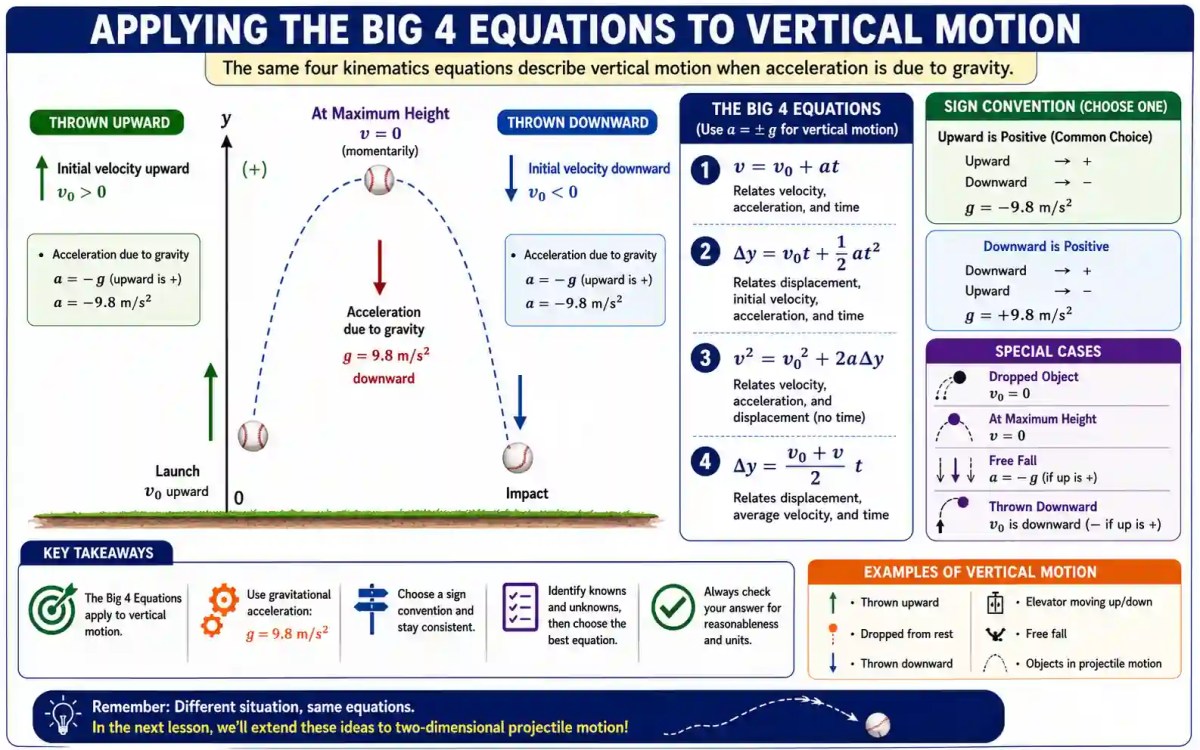 Using the Big 4 kinematics equations for vertical motion under gravity