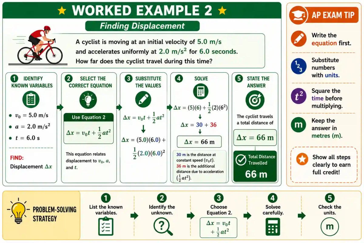 Worked example calculating displacement using the second kinematics equation