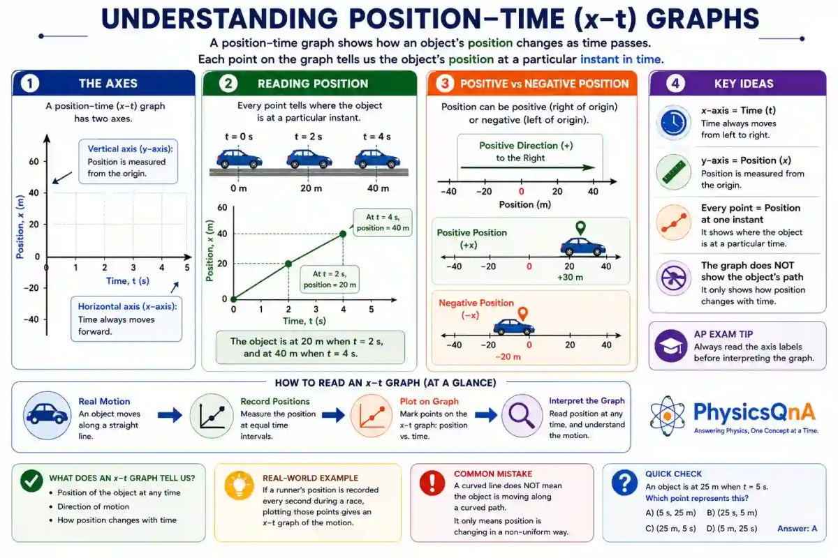 AP Physics position-time graph showing the axes, positive direction, object at rest, forward motion, backward motion, and how position changes with time.