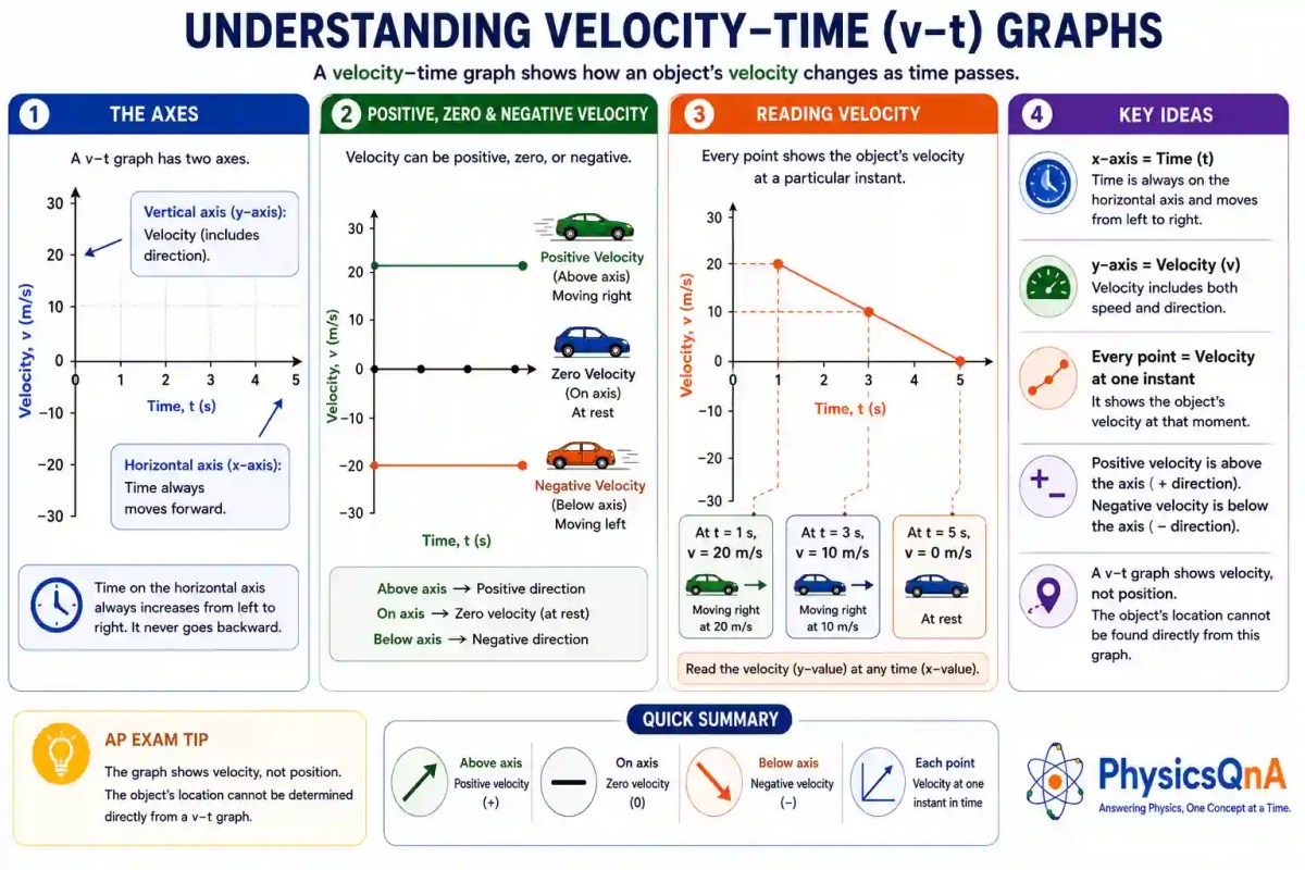 AP Physics velocity-time graph showing the axes, positive velocity, negative velocity, zero velocity, and how velocity changes with time.