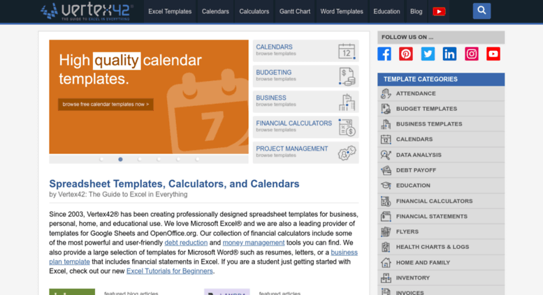 Access Vertex42 Com Vertex42 Excel Templates Calendars Calculators And Spreadsheets