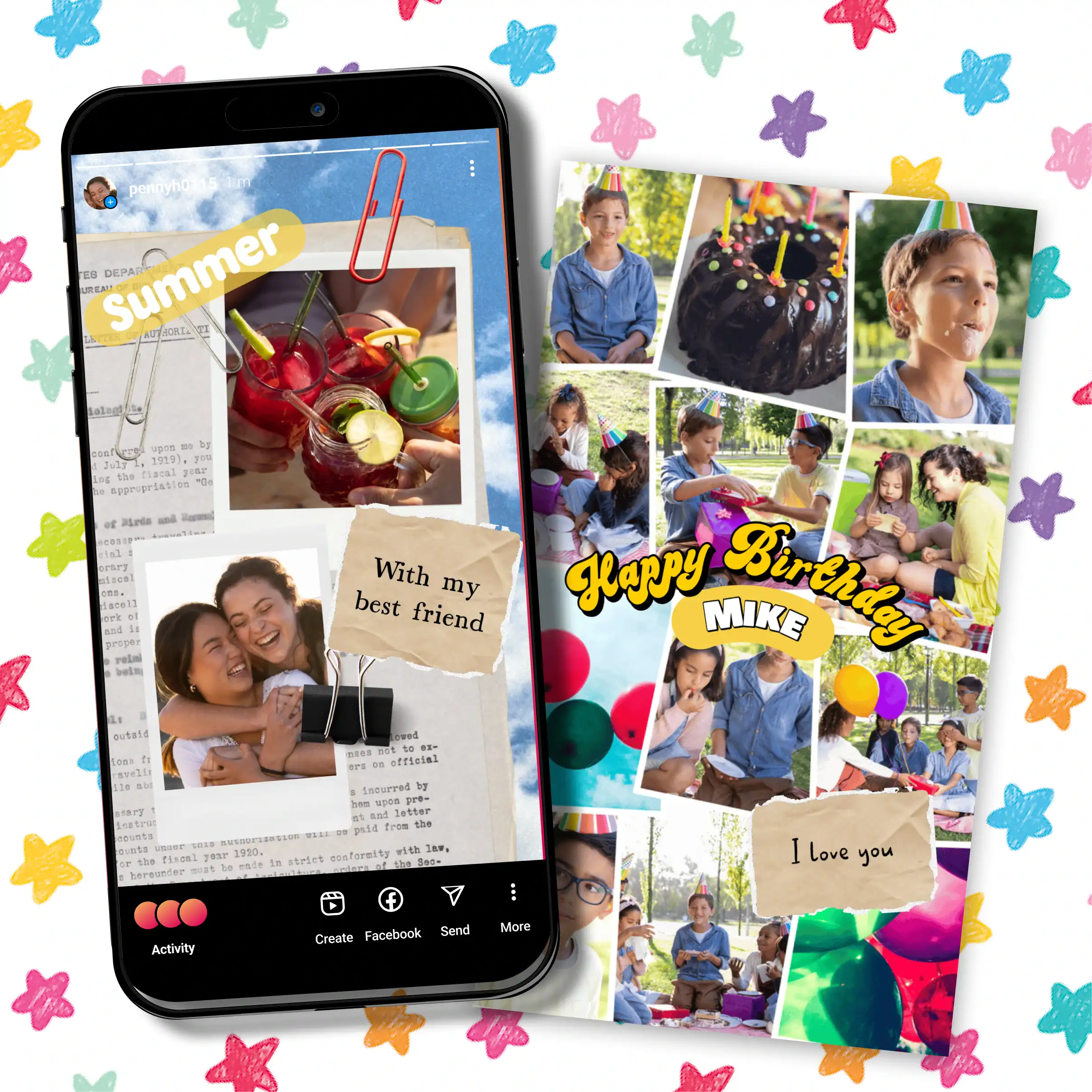 Example of adding text to photos and collages: smartphone story saying “Summer” and “With my best friend” beside birthday card layout.
